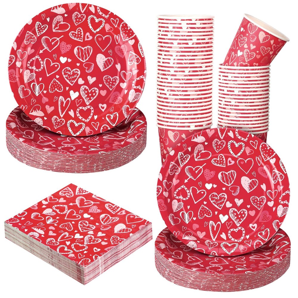 200-Piece Valentine's Day Disposable Tableware Set for 50 Guests - 7-Inch Plates & More