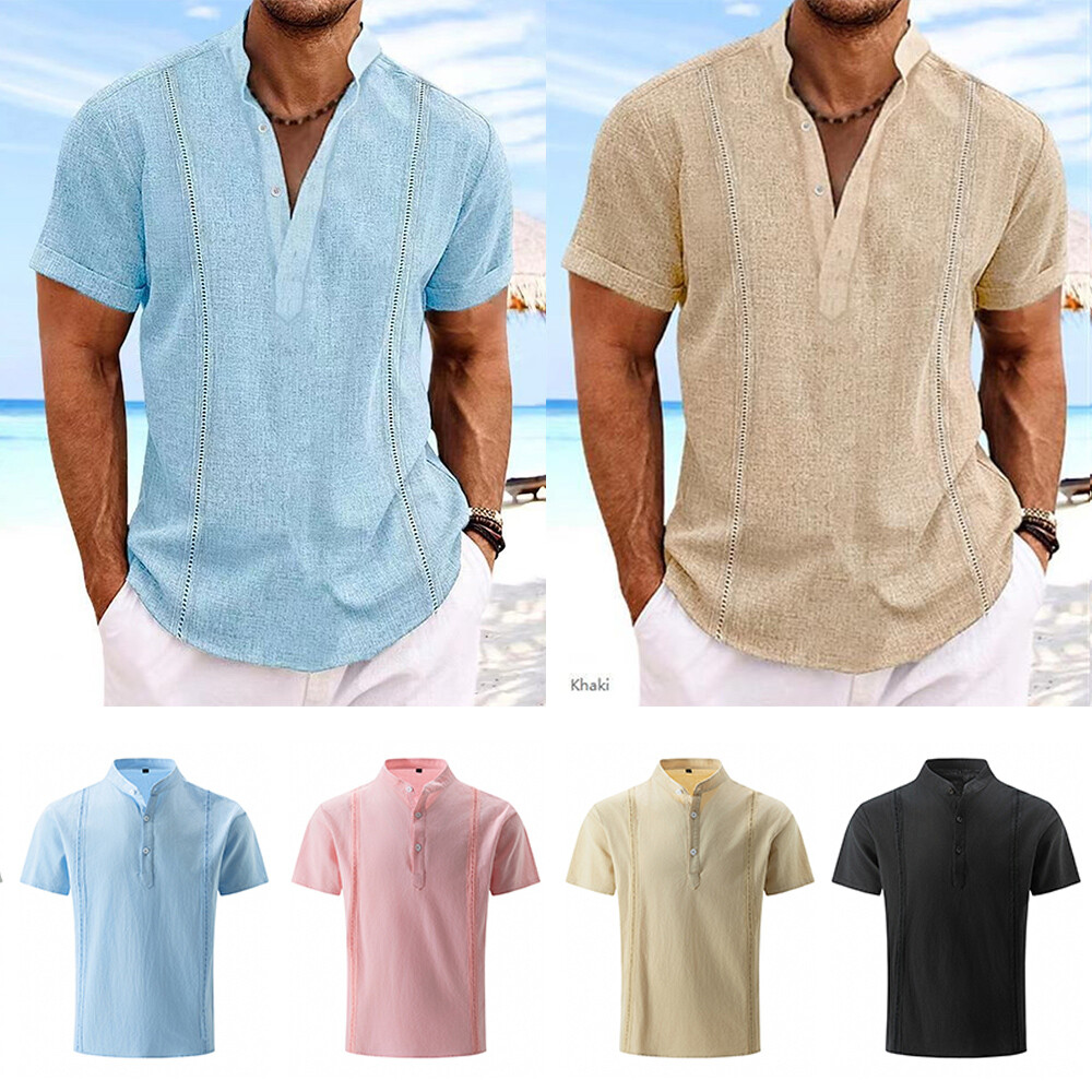 Tops Shirt Tunic Blouse Casual Shirt Summer V Neck Linen Shirts Loose Men
