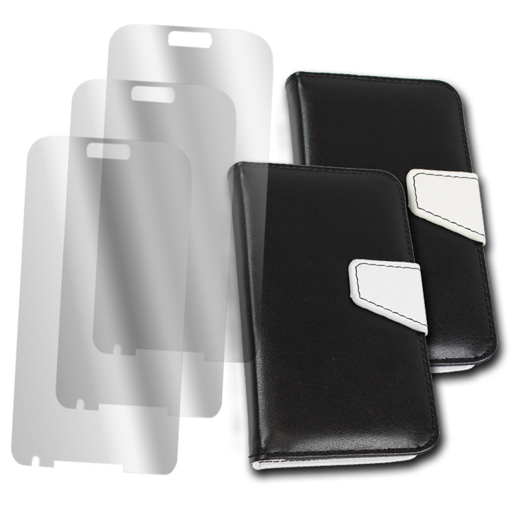 2X Wallet Case Cover with Stand & Screen Protector for Galaxy S4 I9500 - PU Leather Black