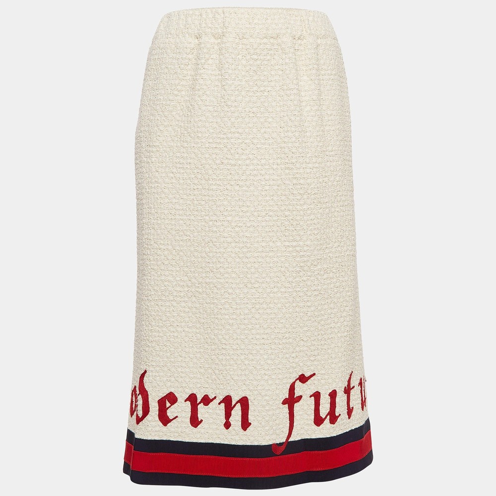 Gucci Cream Tweed Modern Future Embroidered Pencil Skirt M