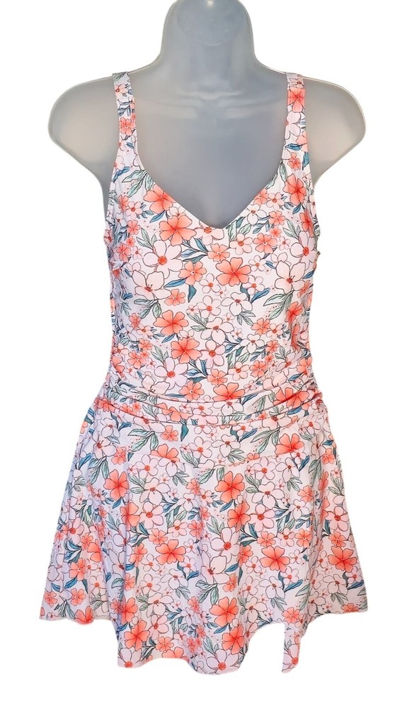 Florlic V-Neck Swim Dress with Built-In Bra – Orange & White Lined – Size L