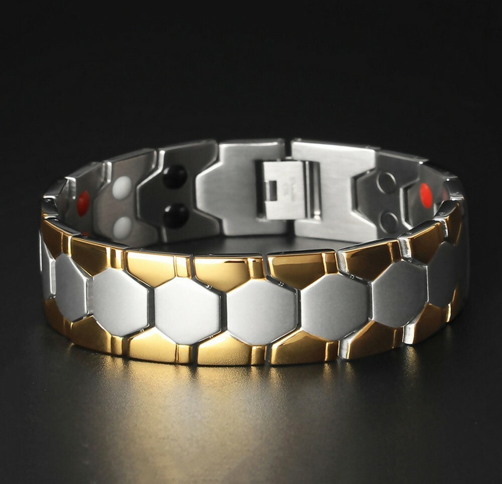 Mens Gold Silver Energy Bracelet Double Strength 4 Elements Magnetic Bio Therapy