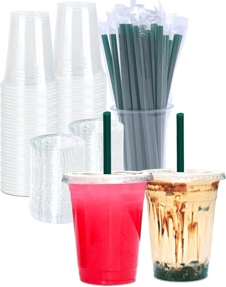16/24/12 oz Clear Plastic Cups with Lids and STRAWS, Disposable Drinking Cups