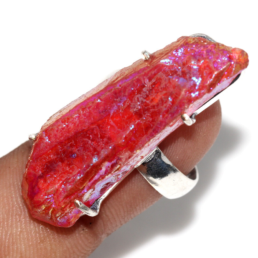Pink Titanium Aura Quartz 925 Silver Plated Ring US 7 Handcrafted Gift JW