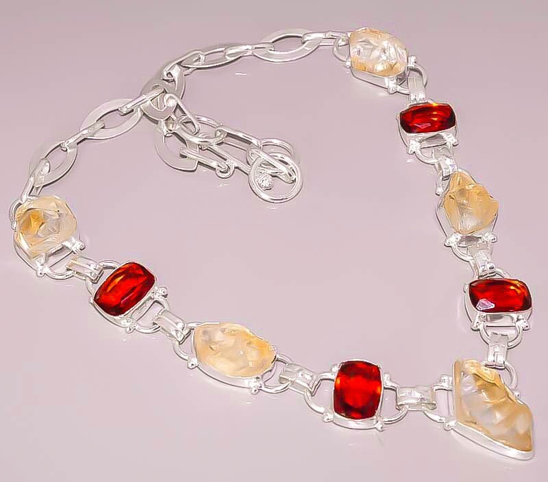 Natural Citrine Rough Garnet Quartz 925 Sterling Silver Plated Necklace