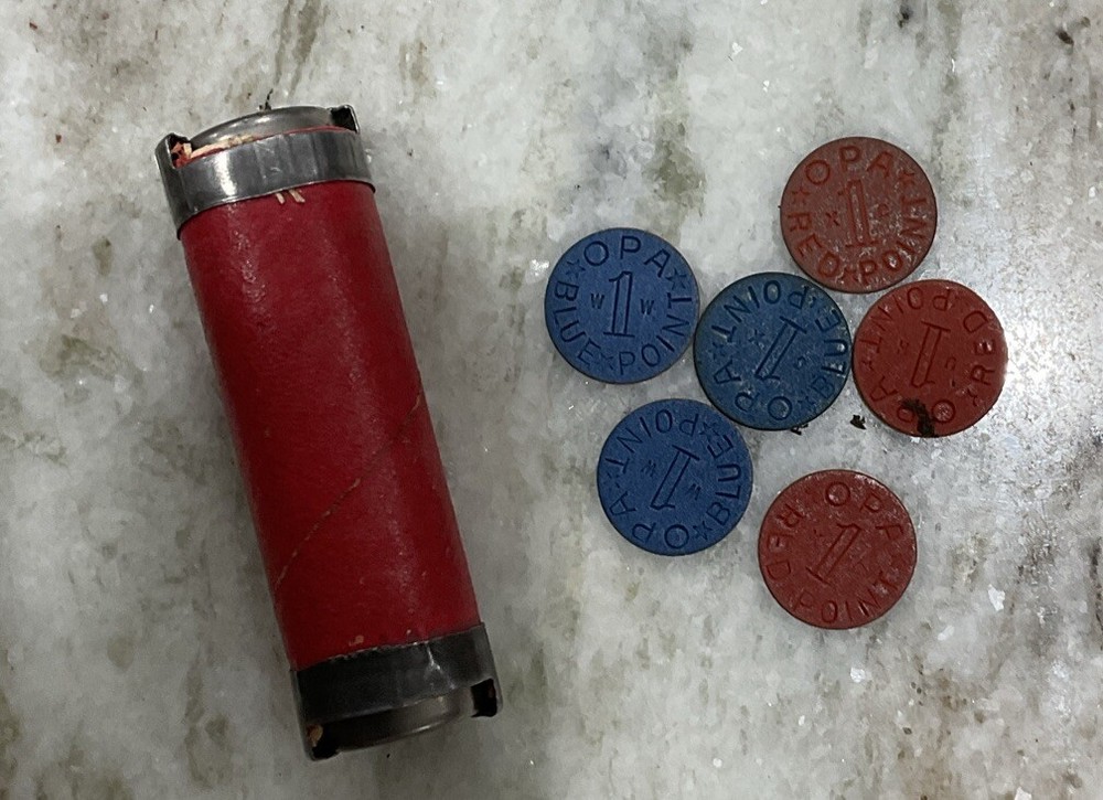 World War II Ration Tokens Blue And Red With Dispenser. ￼Assorted