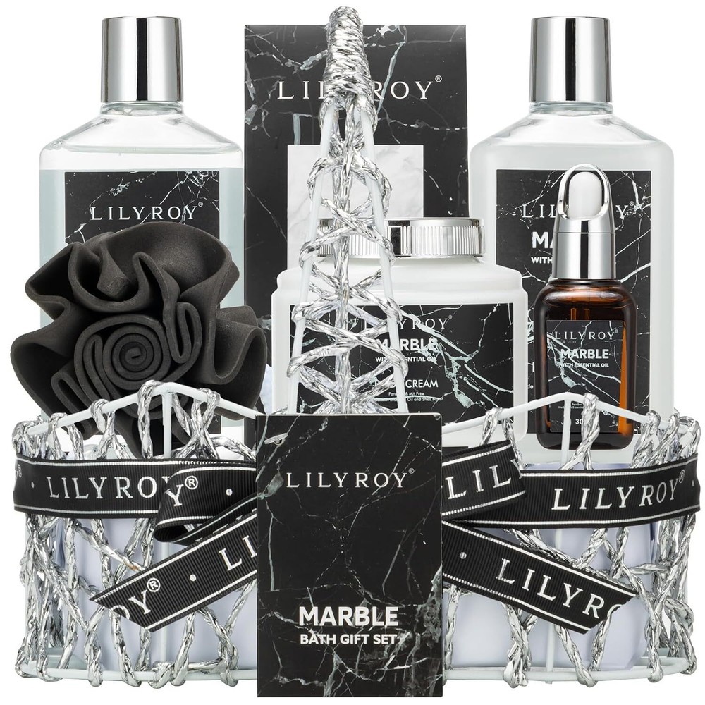Spa Gift Baskets Set for Men Women Marble Scent 7 Pcs Valentines Day Gift Unisex