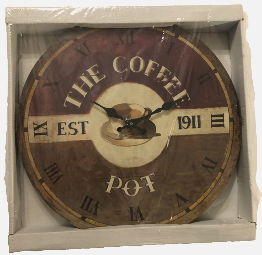 The Coffee Pot Est. 1911 BrownRoman Numerals Round Quartz Wall Clock 13.5
