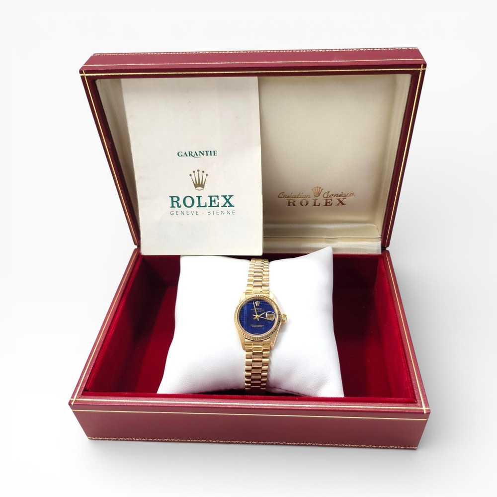 Full Set 1981 Rolex Ladies Datejust 26mm 18K Yellow Gold Lapis Lazuli Watch 6917