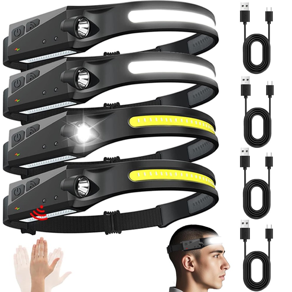 Headlamps Rechargeable 4 pcs, 230° Wide Beam Head Lamps LED Rechargeable Moti...