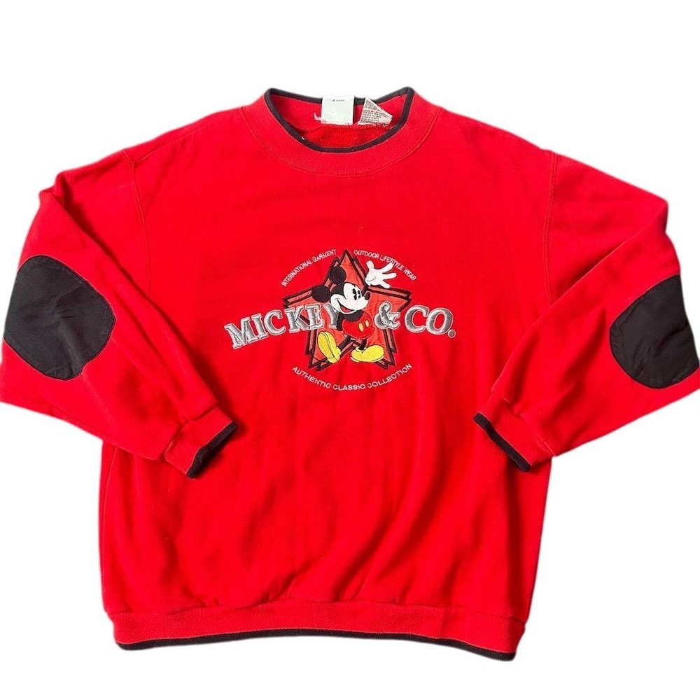 Vintage 90s Disney Mickey Mouse Red Crewneck Sweatshirt L Teens Elbow Patches