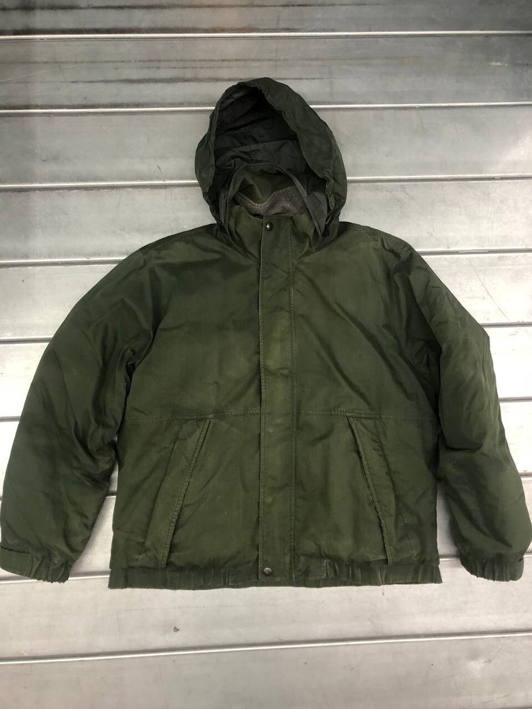 Eddie Bauer Goose Down Jacket Mens L Green Bomber Sherpa Collar Hooded Coat
