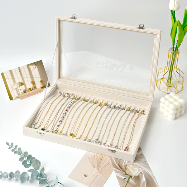 Dual 20-Hook Velvet Necklace Organizer with Clear Lid Storage Tray