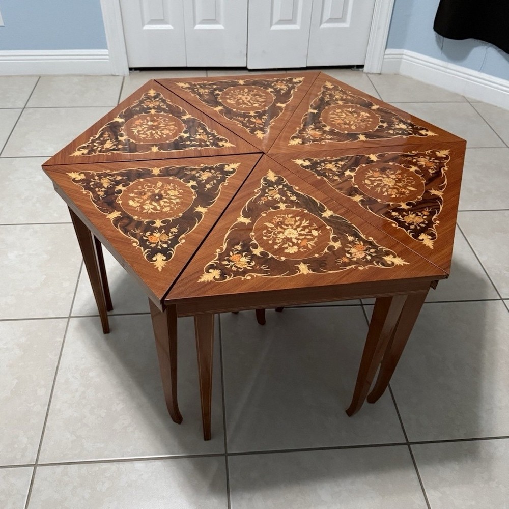Vintage Italian Marquetry Music Box Table Set (6) – Swiss Movement Made in Italy