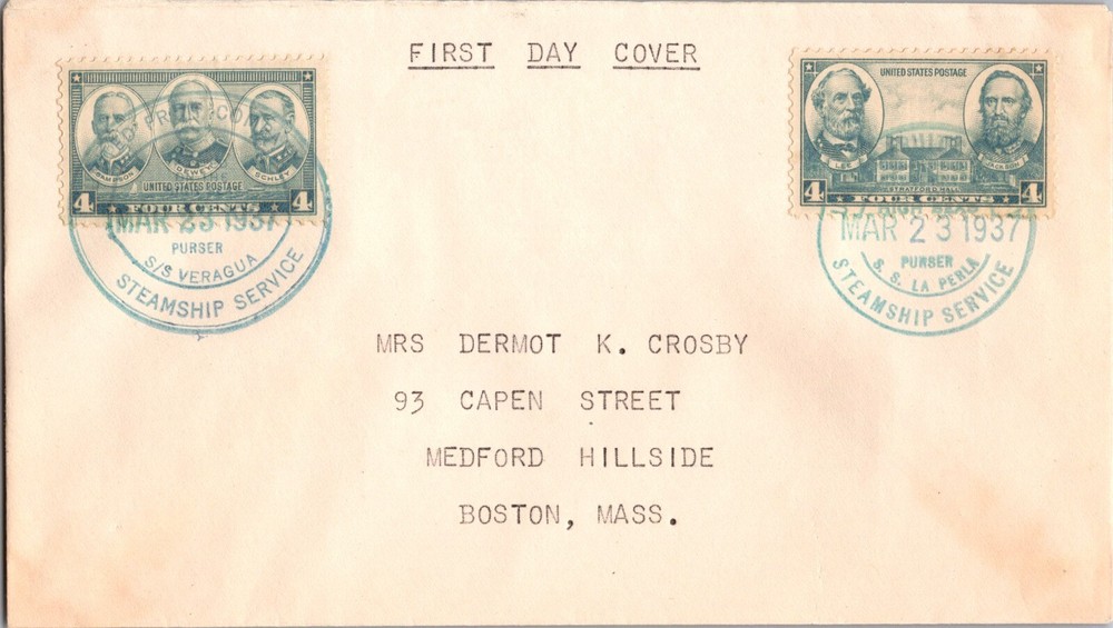 1937 USA SS La Perla United Fruit Co First Day Cover to Boston MA