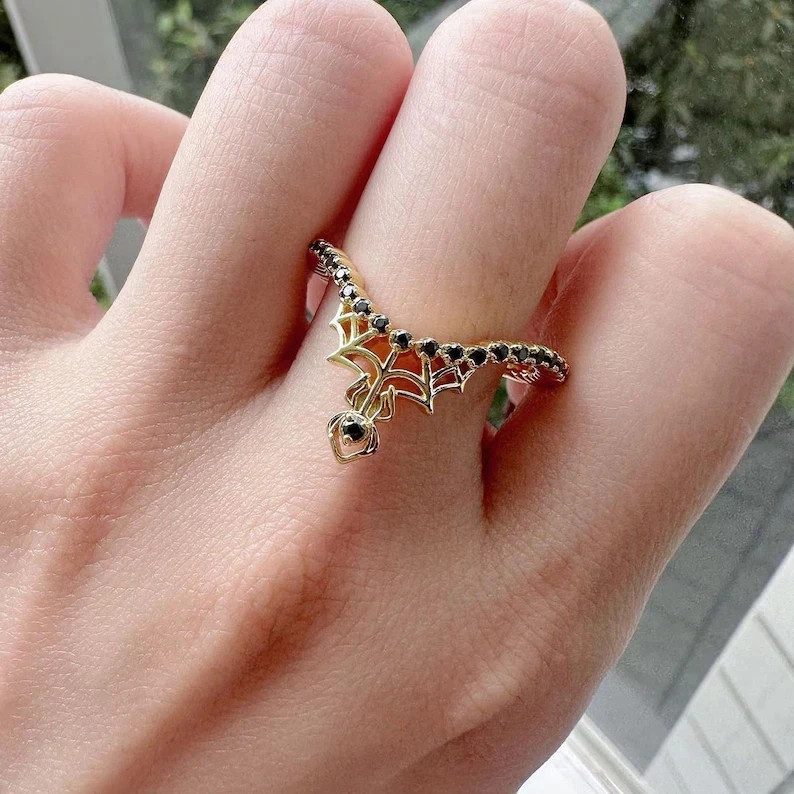 0.10Ct Lab-Created Black Diamond Spider Ring in 14K Gold Plated Silver