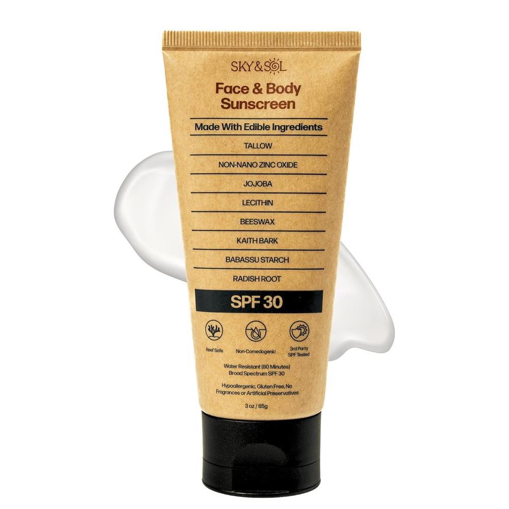 Natural Mineral Sunscreen SPF 30 3 Oz: Natural Tallow & Zinc Oxide, Reef Safe, W