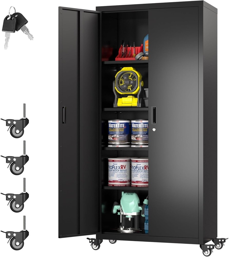 73-Inch Tall Metal Storage Cabinet on Wheels with 4 Adjustable Shelves