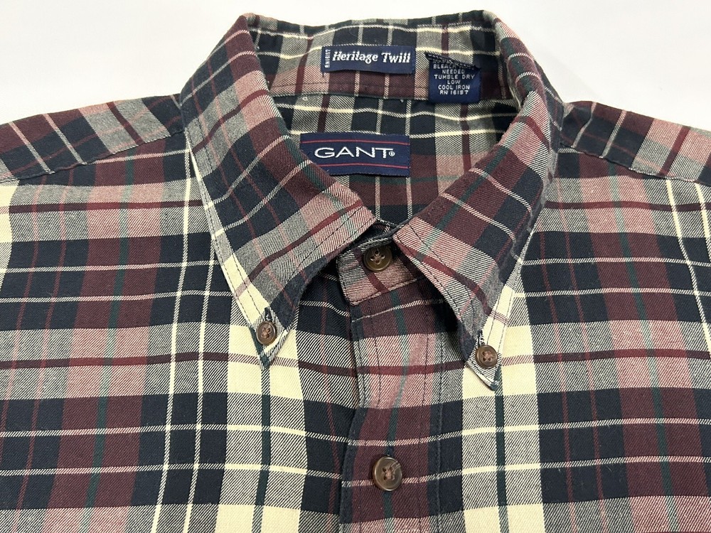 GANT Shirt Mens Large Heritage Twill Burg Blk Cream Plaid Long Sleeve Button Up