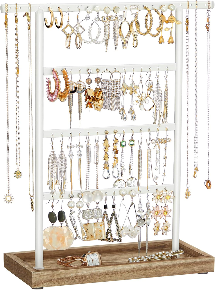 4-Tier Jewelry Organizer Stand with Base Tray - Perfect Gift