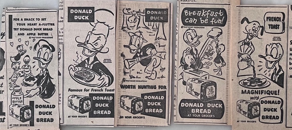 5 1953 newspaper ads for Donald Duck Bread - French Toast, with Apple Butter +