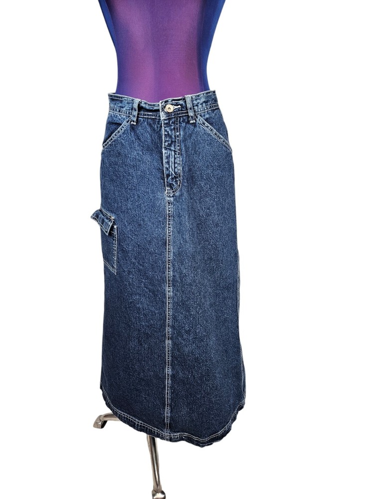 R.V.T Dark Wash Cargo Denim Maxi Jean Skirt Y2K Baggy Style Size 5/6 Juniors C58