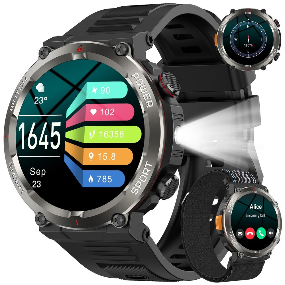 Military Smart Watch for Men, 100 Days Battery/Led Flashlight/Compass/2 Strap...