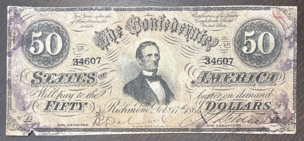 1864 CSA $50 Confederate States Civil War Banknote Richmond VA