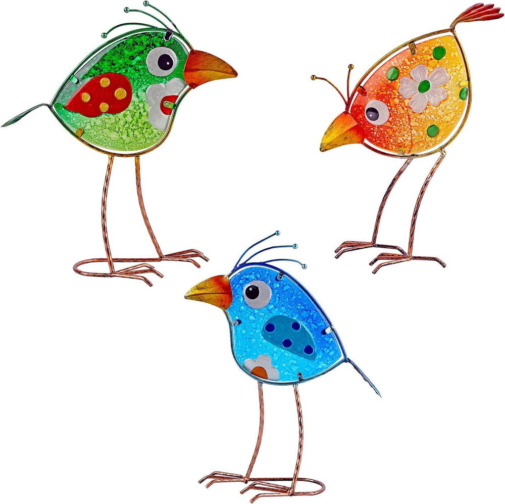 Metal Garden Bird Statue - Outdoor Yard Art Decor with Glass Accents
