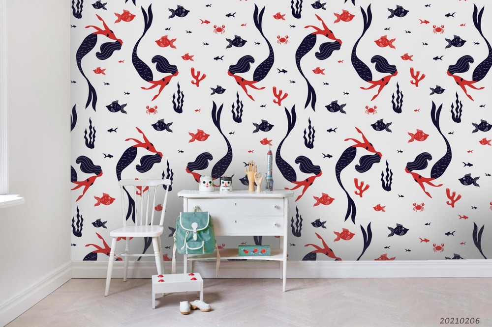 3D Mermaid Fish Coral Pattern Wall Murals Wallpaper Murals Wall Sticker