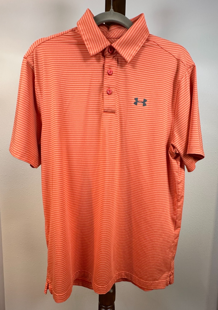 Under Armour HeatGear Polo Shirt Men's M Orange Stripe Loose Fit Golf Athletic