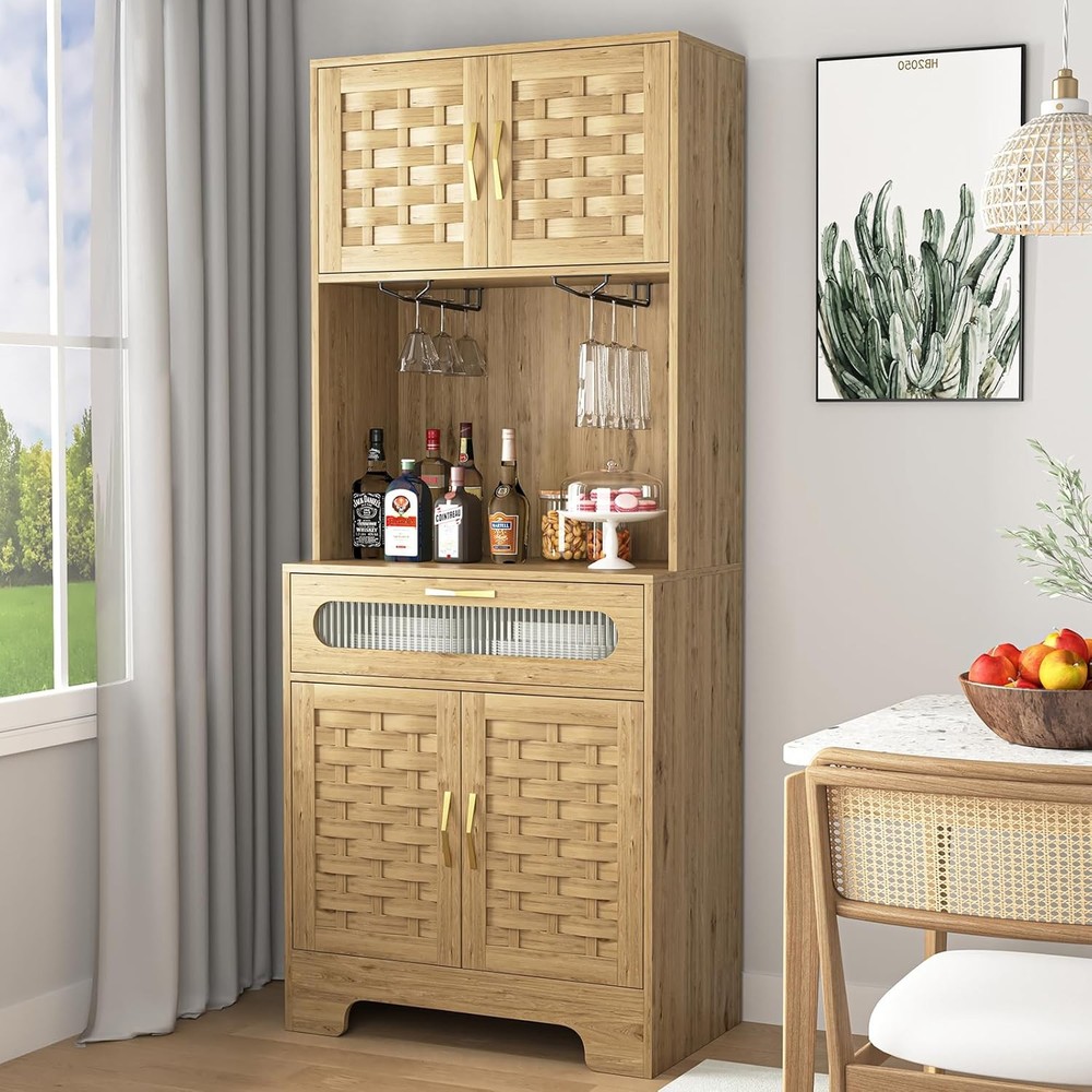 67-Inch Tall Kitchen Pantry Storage Cabinet with 4 Woven MDF Doors