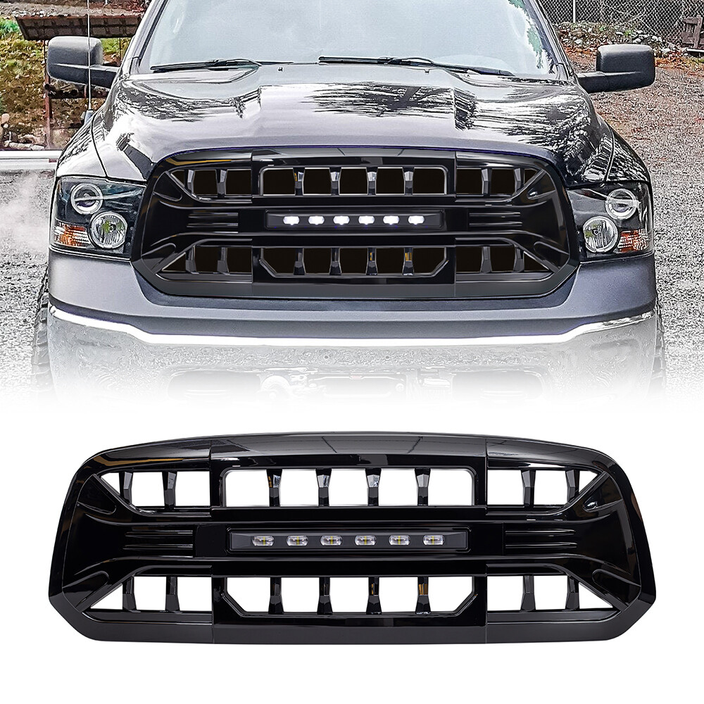 Glossy Black Front Armor Grille Grill W/ Off-Road Light For 13-18 Dodge RAM 1500
