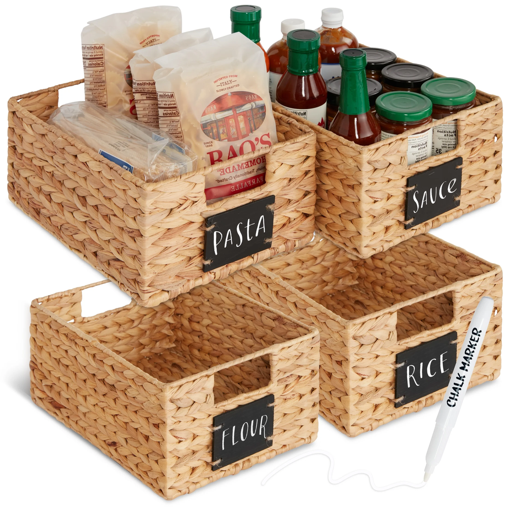 Set of 4 12-inch Water Hyacinth Pantry Baskets with Chalkboard Labels and Chalk