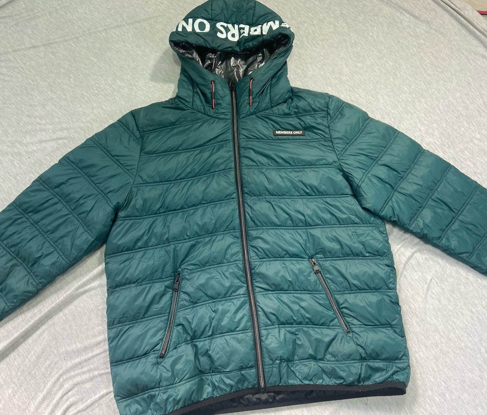 Men's XL Members Only Puffer Jacket Blue Green with Flaw Holes-image