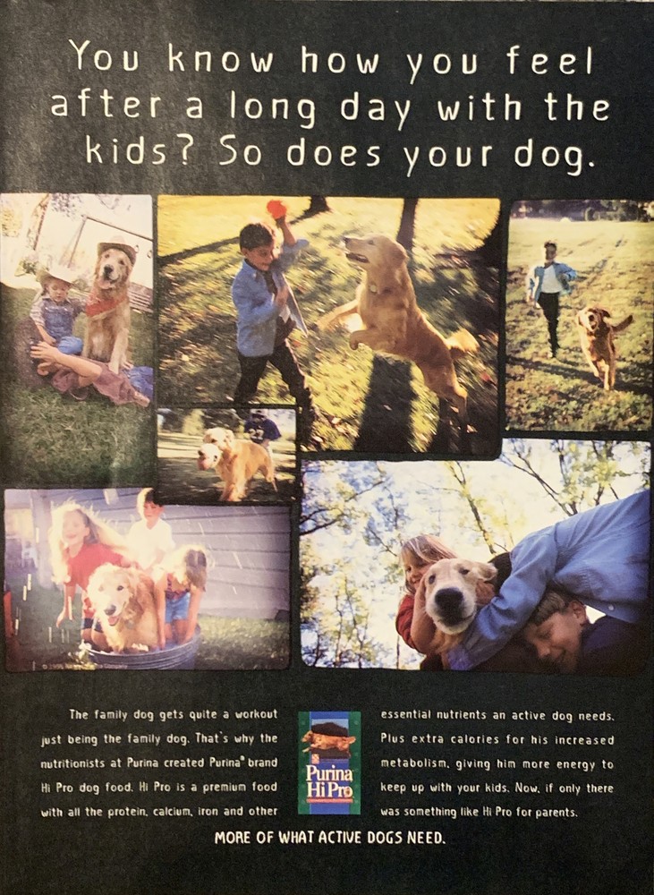 1996 Purina Hi Pro Dog Food Ad: Kids Play - Perfect Nutrition for Active Dogs, Tailored for Energy and Vitality.