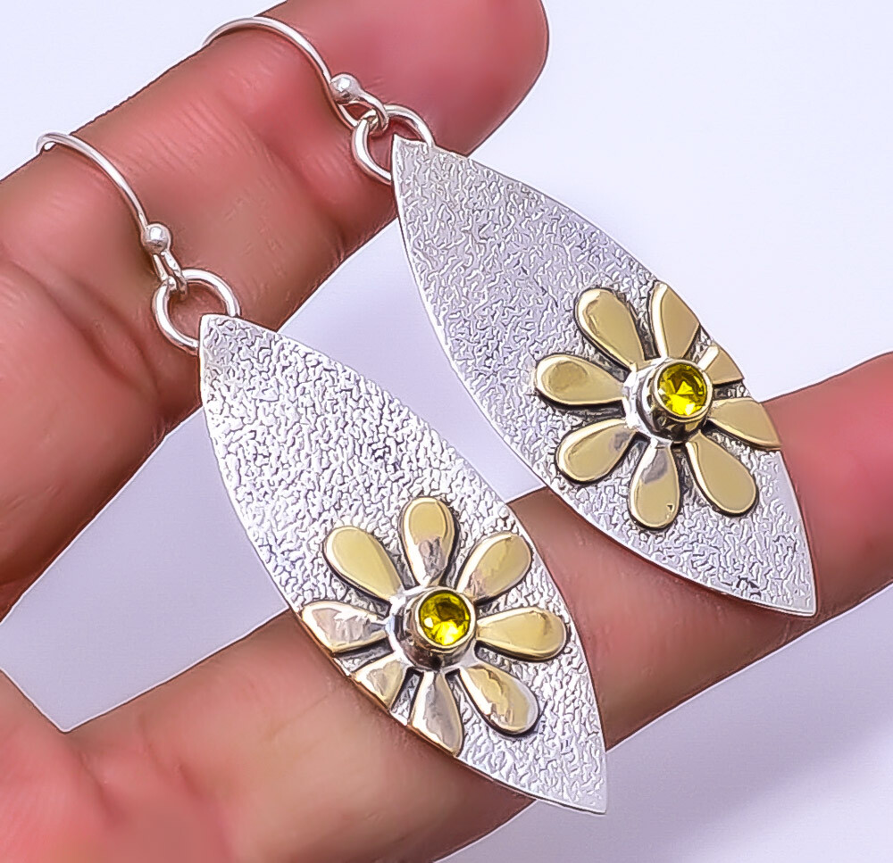 Lemon Quartz 925 Sterling Silver Two Tone Floral Earring 2.46
