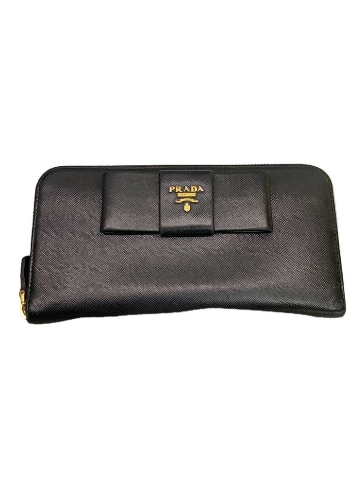PRADA Black Saffiano Leather Round Zip Long Wallet QWT36HC
