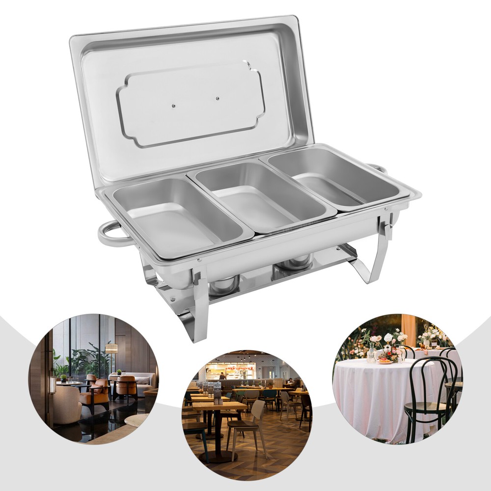 Stainless steel hot pot buffet set with 3 1/3size food plates and foldable frame