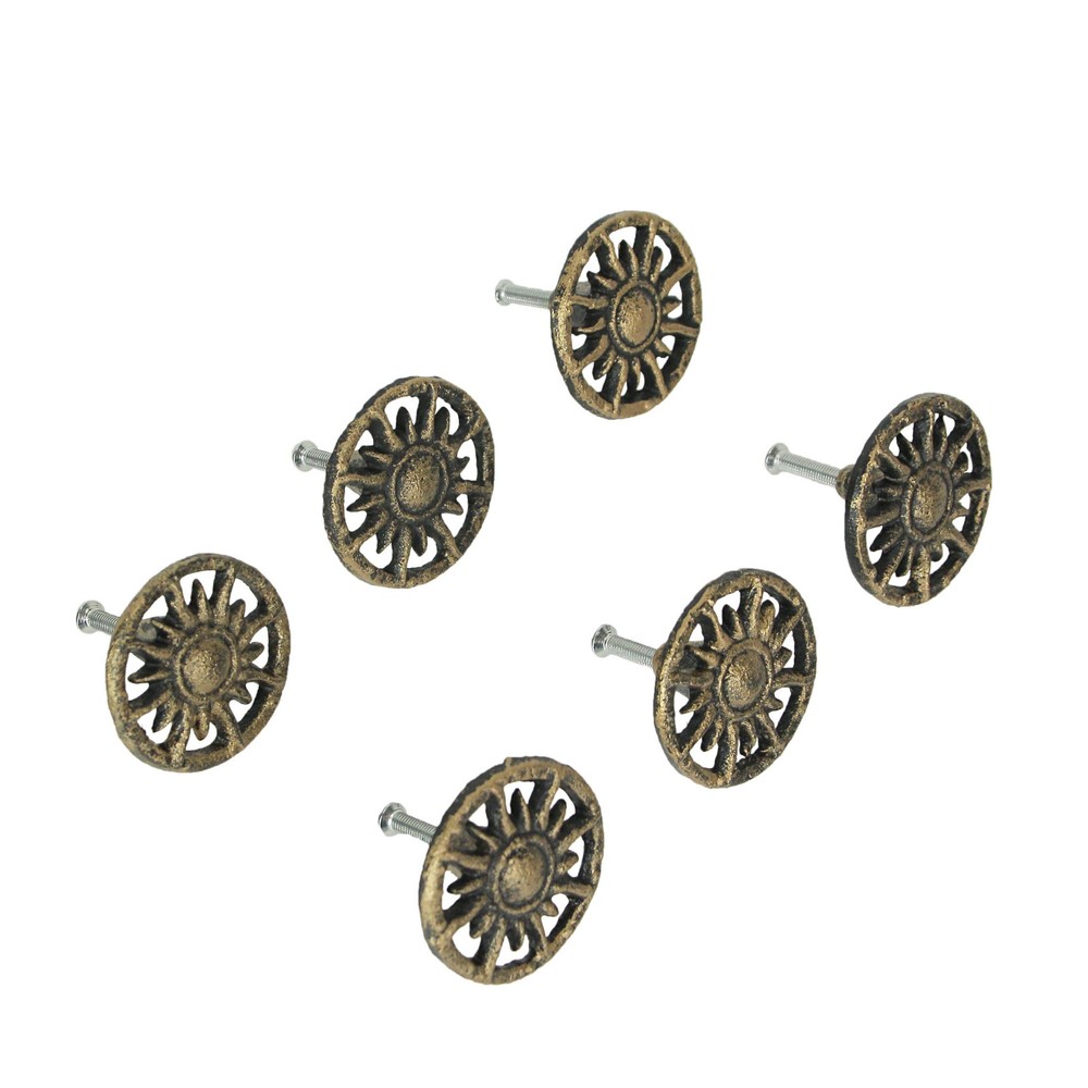 Zeckos Set of 6 Antique Finish Golden Sun Cast Iron Drawer Pulls Home Decor