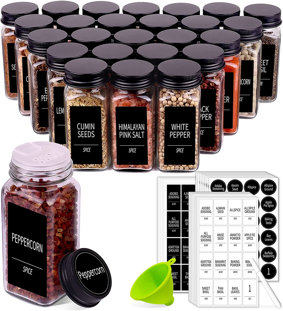 25 Spice Jars with 547 Labels- Glass Spice Jars with Black Metal Caps, 4Oz Empty