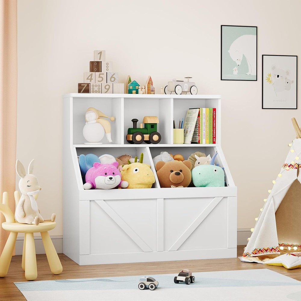 Kids Multifunctional Bookcase Toy Storage Bin Floor Cabinet White  
