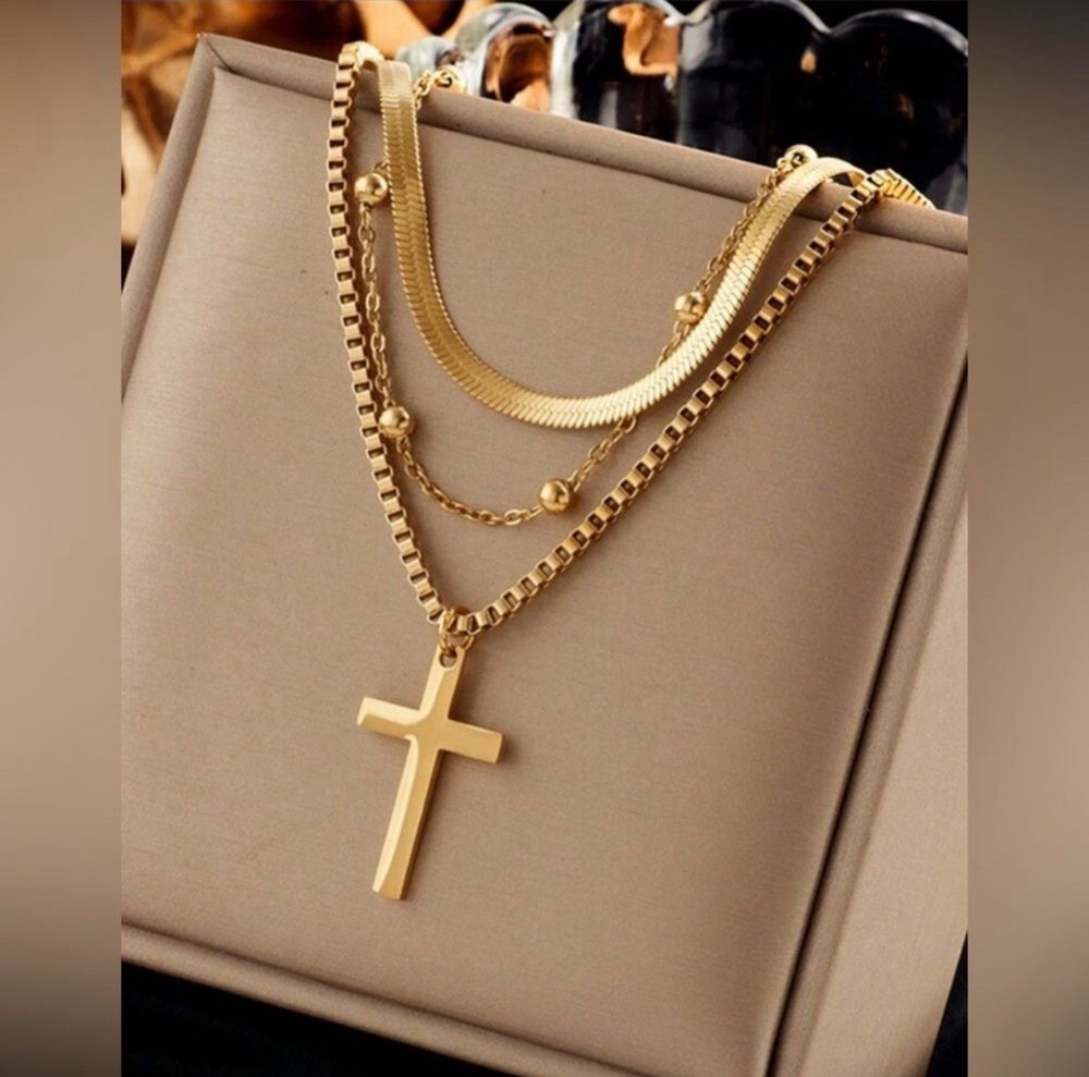 Gold-plated stainless steel layered cross pendant necklace