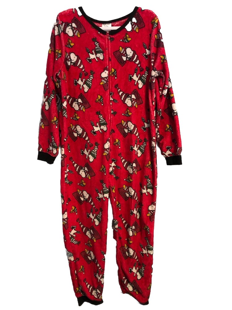 Peanuts Snoopy Christmas Pajamas Womens M One Piece Union Suit Fleece Sleeper