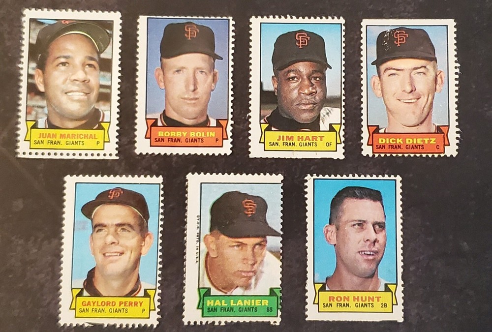 1969 Topps SF Giants Baseball Stamps Set of 7, Incl HOF Gaylord Perry, Vintage