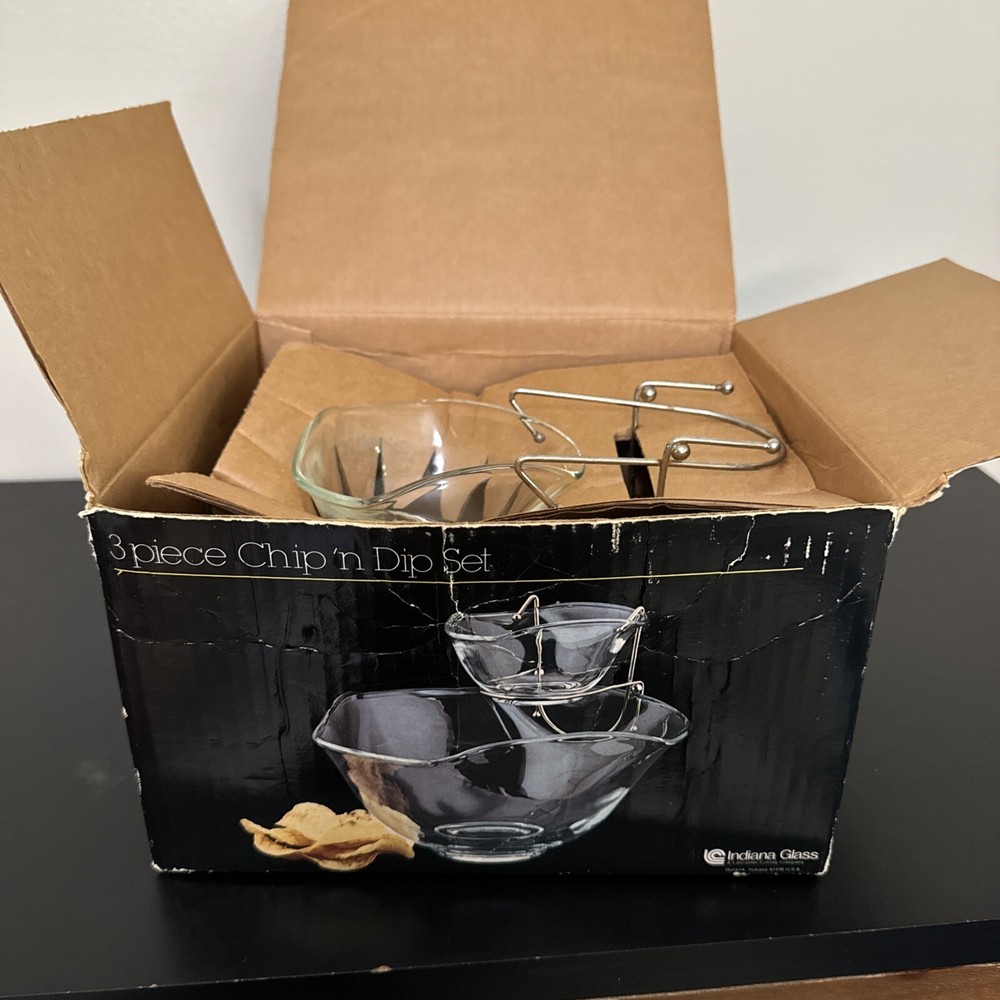 VINTAGE INDIANA GLASS -  Clear Crystal Glass 3 Piece Chip n Dip Set With Box
