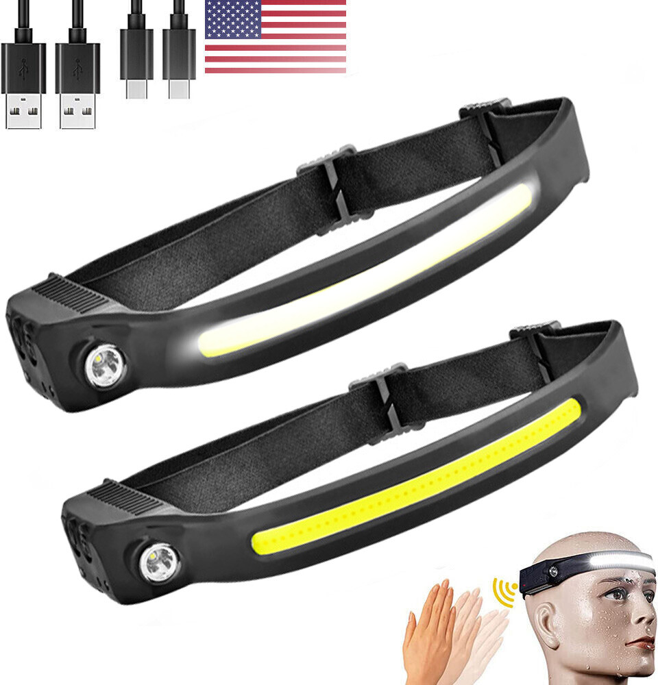 2PCS COB LED Headlamp Headlight Torch Work Light Bar Head Band Lamp USB Charging