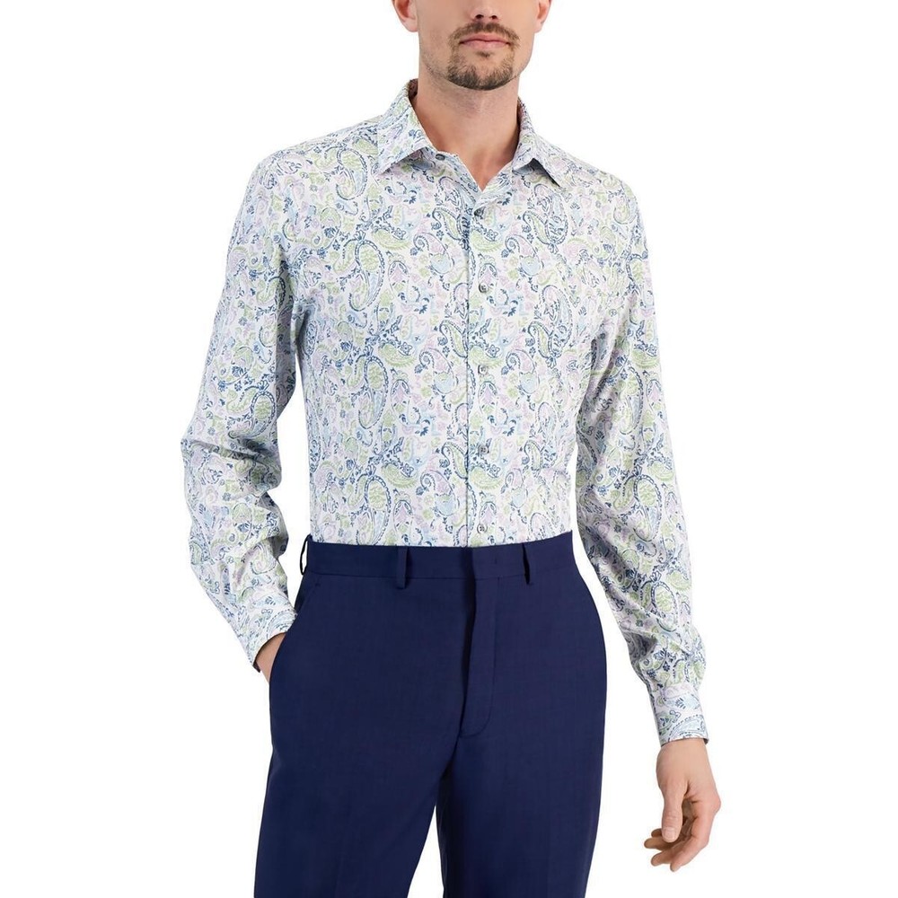 Alfani Men's Slim Fit 4-Way Stretch Paisley Dress Shirt, White Lavender 16-16.5