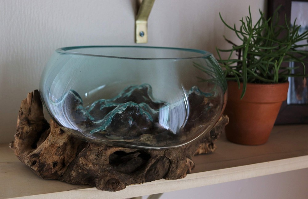 Molten Glass Open Top Vessel on Wood Base - Eco Home Decor