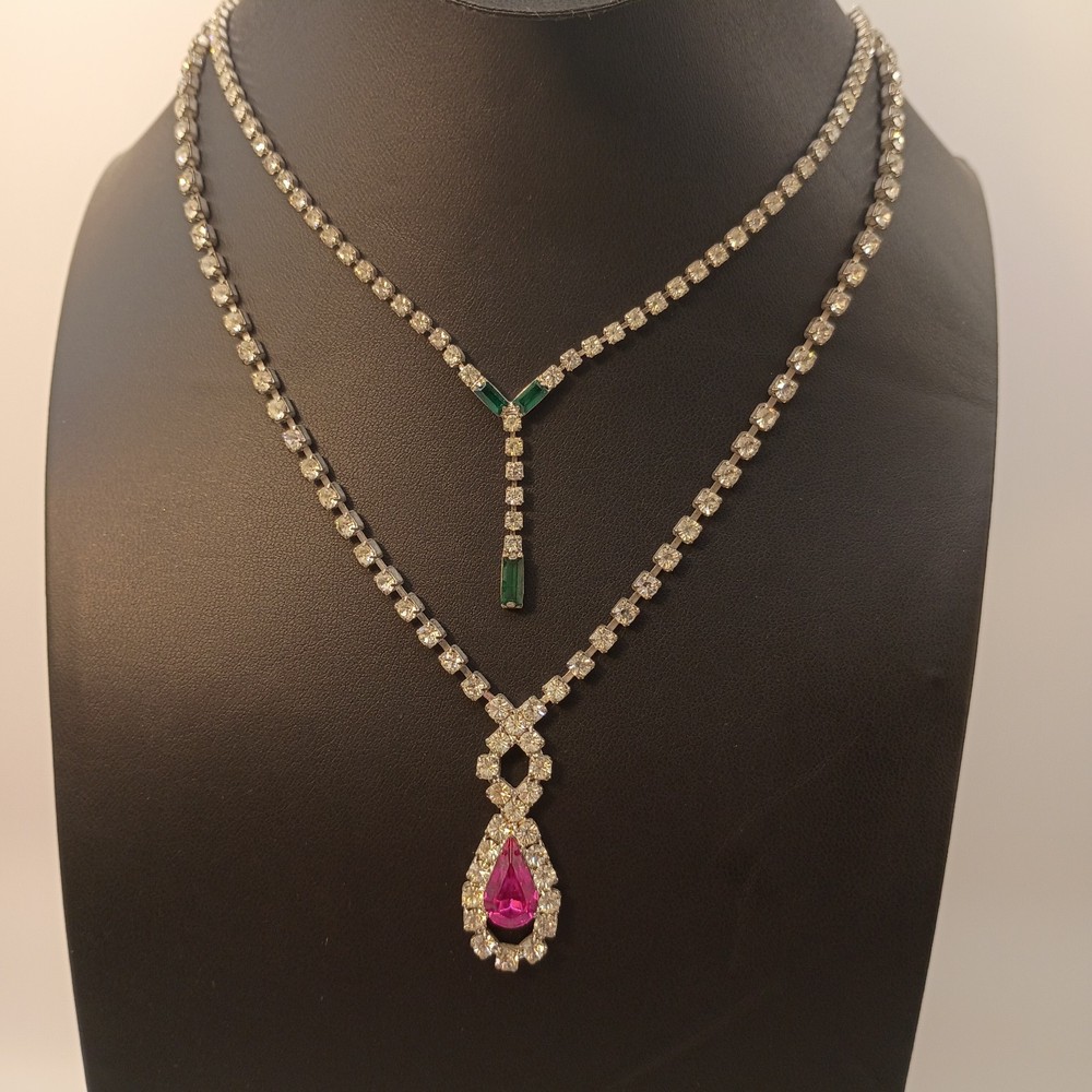 Vintage Rhinestone Necklace Lot Silver Tone Pink Green Bridal Prom Spring Summer